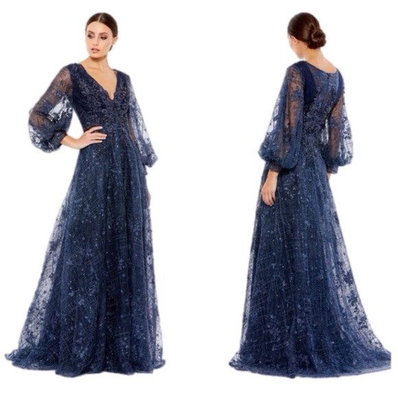 NWT MAC DUGGAL EMBELLISHED PLUNGE NECK PUFF SLEEVE A LINE GOWN 20283 - Picture 3 of 16